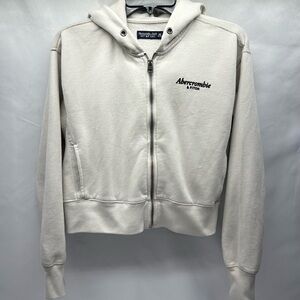 Abercrombie & Fitch Cream Cropped Zip Front Hoodie XS Pockets LOGO